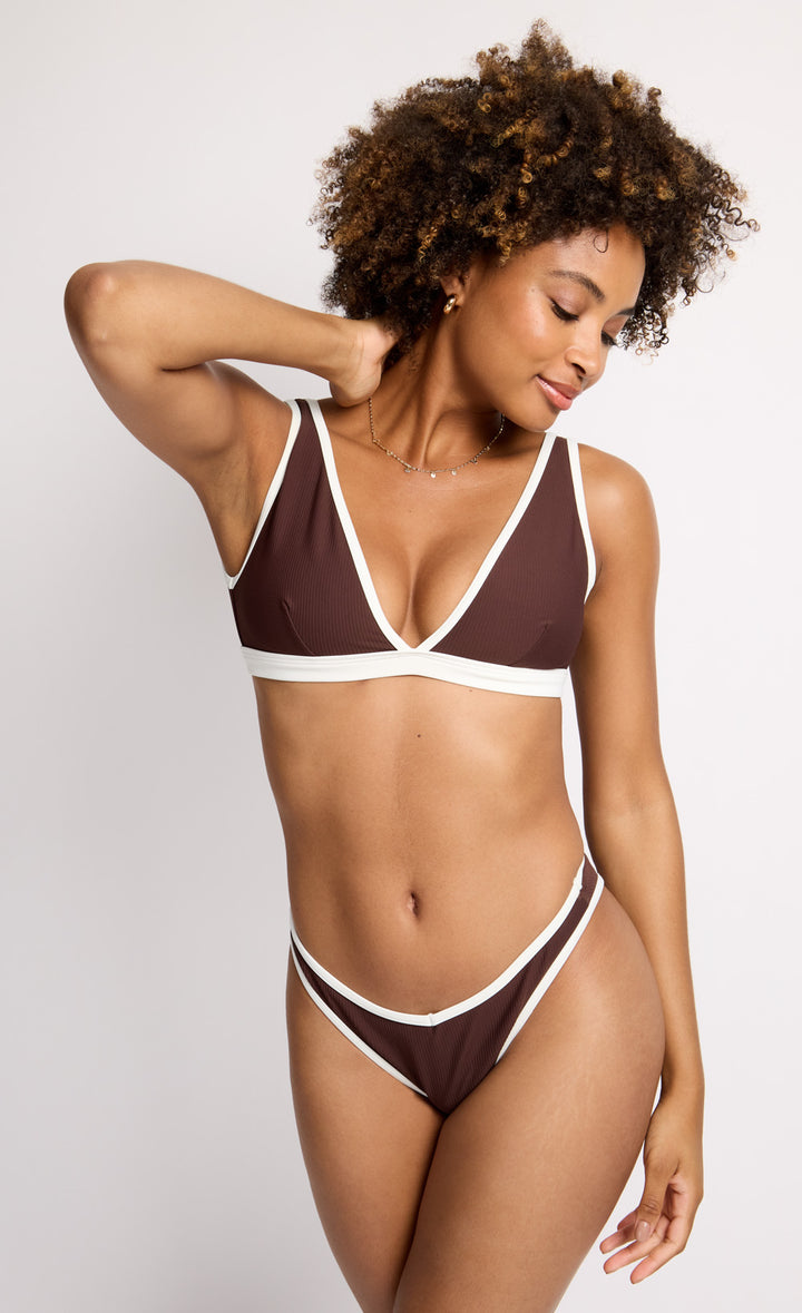Brown Contrast Rib Bikini Top